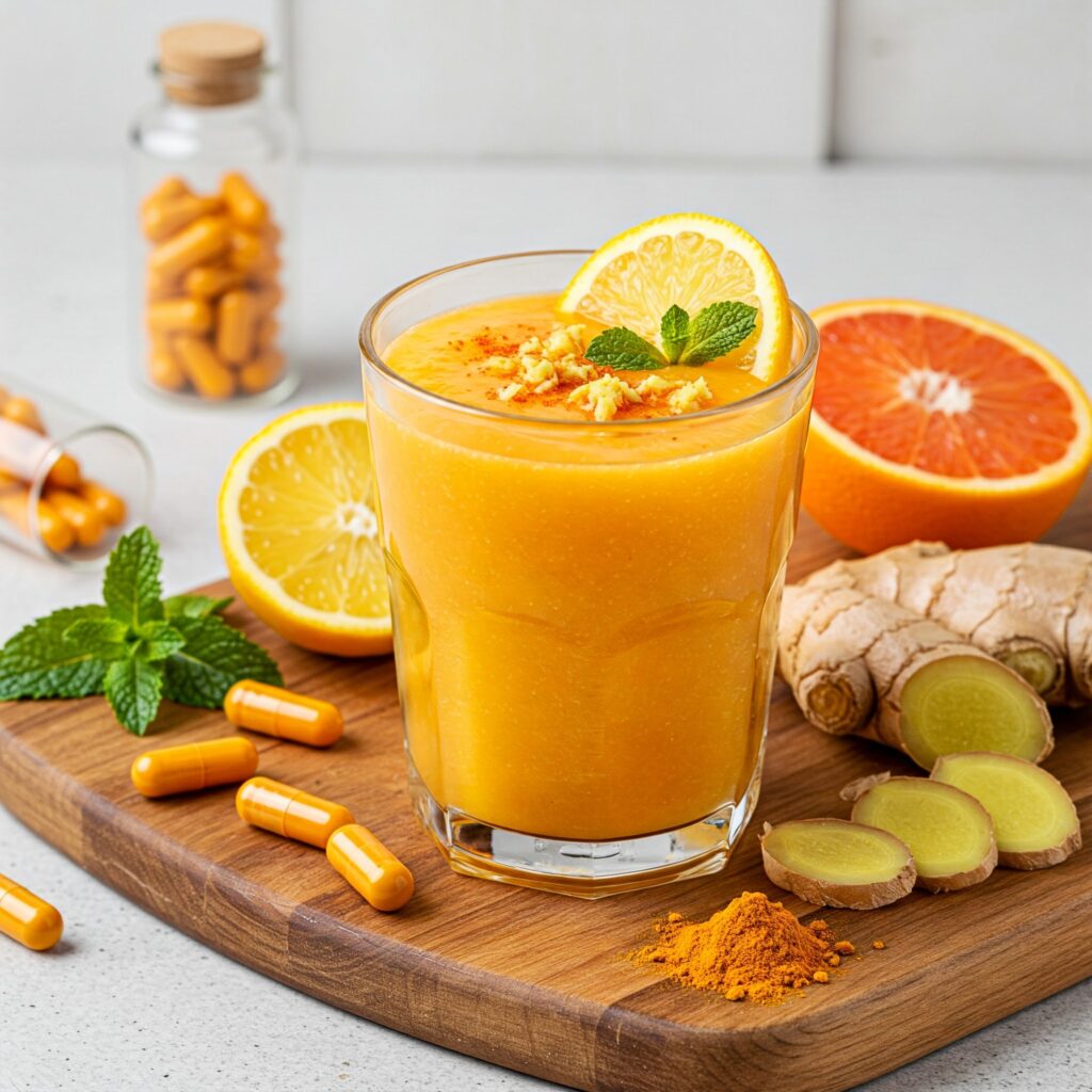 Oranžový smoothie s citrusy, zázvorem a kurkumou na prkně s bílým pozadím, vitamínem C a mátou.