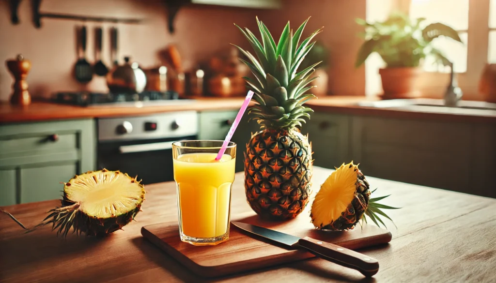 a glass of orange juice next to a pineapple and a knife
