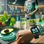 A futuristic modern kitchen blending digital elements with real-life details. On the sleek kitchen table, fresh vegetables, including an avocado