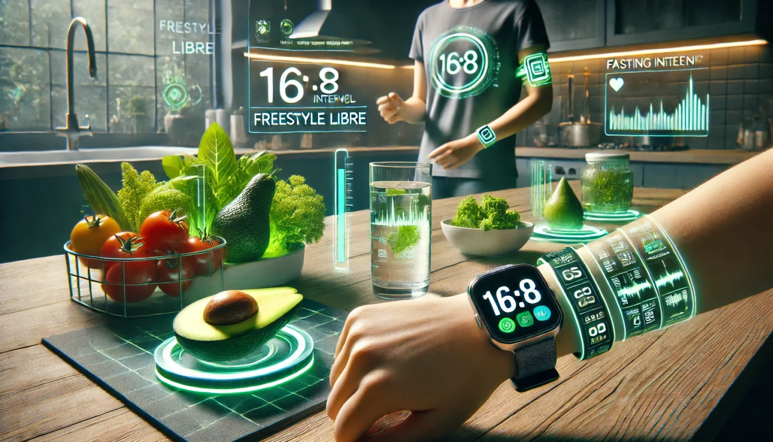 A futuristic modern kitchen blending digital elements with real-life details. On the sleek kitchen table, fresh vegetables, including an avocado