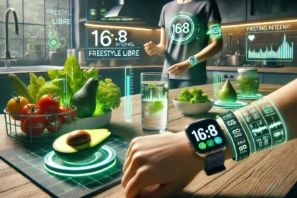 A futuristic modern kitchen blending digital elements with real-life details. On the sleek kitchen table, fresh vegetables, including an avocado