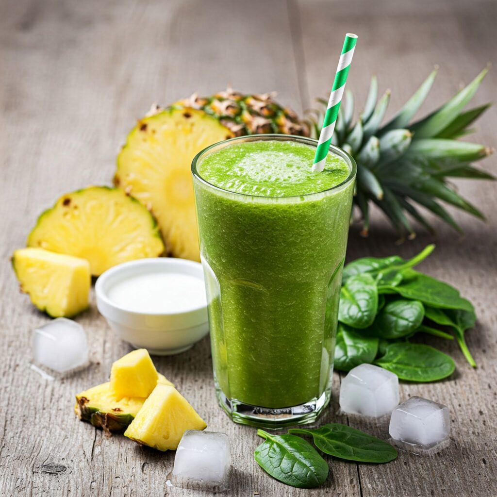 a green smoothie with a straw and pineapple slices