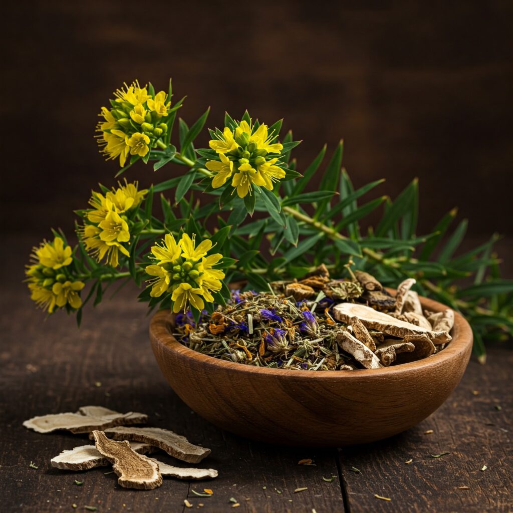 a bowl of dried herbs and flowers